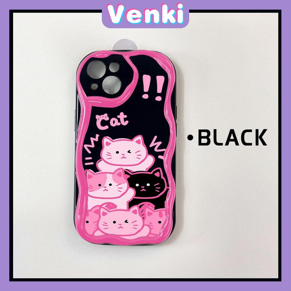 VENKI - For iPhone 11 iPhone Case 3D Curved Edge Wave Glossy Black TPU Airbag Shockproof Camera Cover Pink Cat Compatible with iPhone 14 13 Pro max 12 Pro Max xr xs max 7 8Plus