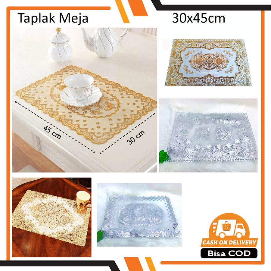 Souvenir - Taplak Meja Ruang Tamu square PVC Gold dan Silver Motif 30 x 45 cm