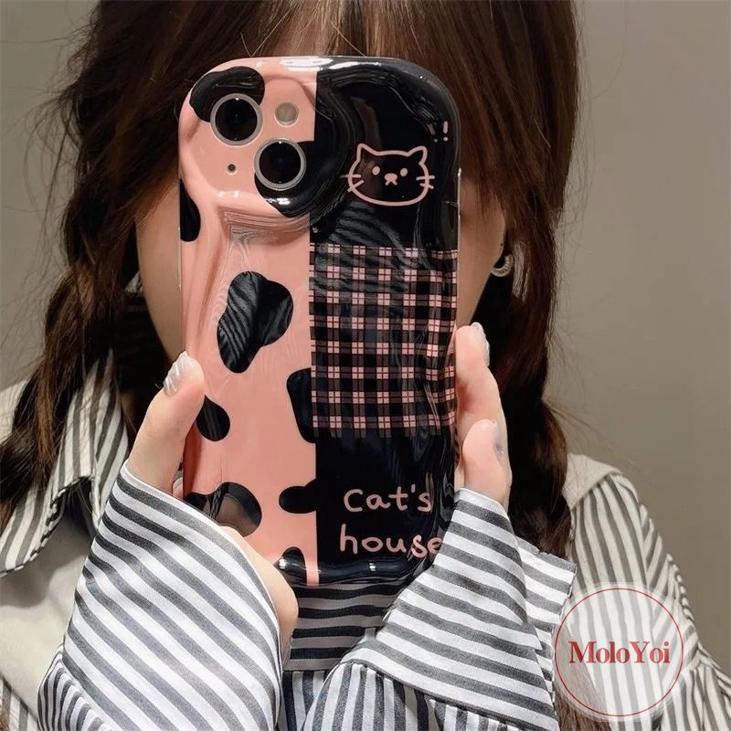 IPHONE Casing Tahan Guncangan Kotak-Kotak Leopard Kucing Lucu Kompatibel Untuk Iphone14 13 11 12 Pro Max 7Plus XR 6s 6 7 8 Plus X XS Max SE 2020 3D Wavy Curved Edge Glossy Airbag Soft Cover