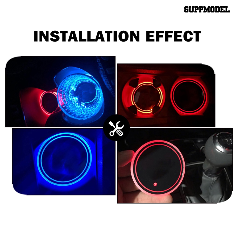 [SM Otomatis] Bulat Logo Mobil Rechargeable LED Light Cup Mat Pad Tatakan Gelas Auto Interior Decor