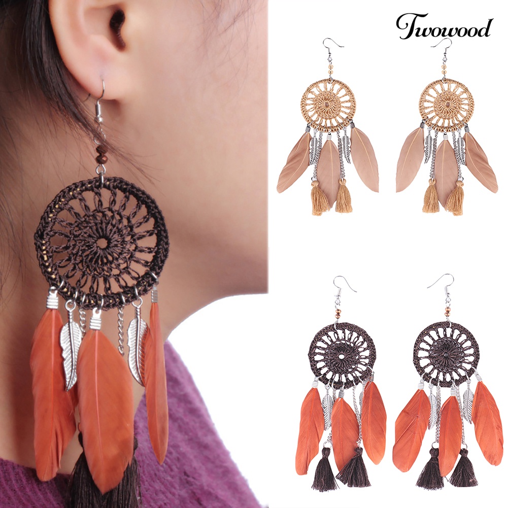 Twowood Ethnic Dream Catcher Rumbai Statement Hook Anting Juntai Panjang Wanita Perhiasan