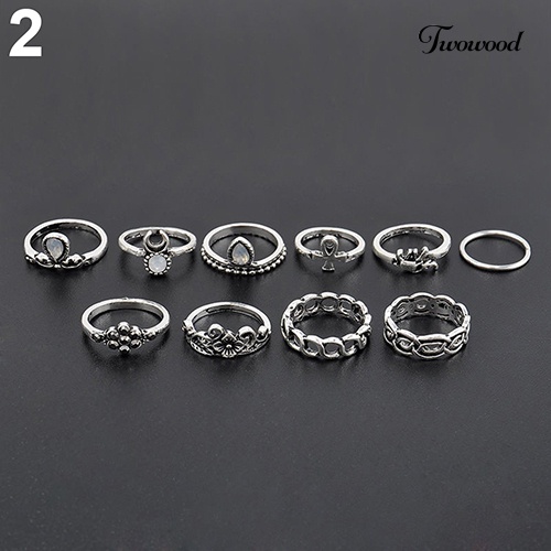 Twowood 10Pcs/Set Retro Boho Gajah Bunga Bulan Diatas Buku Jari Midi Cincin Perhiasan