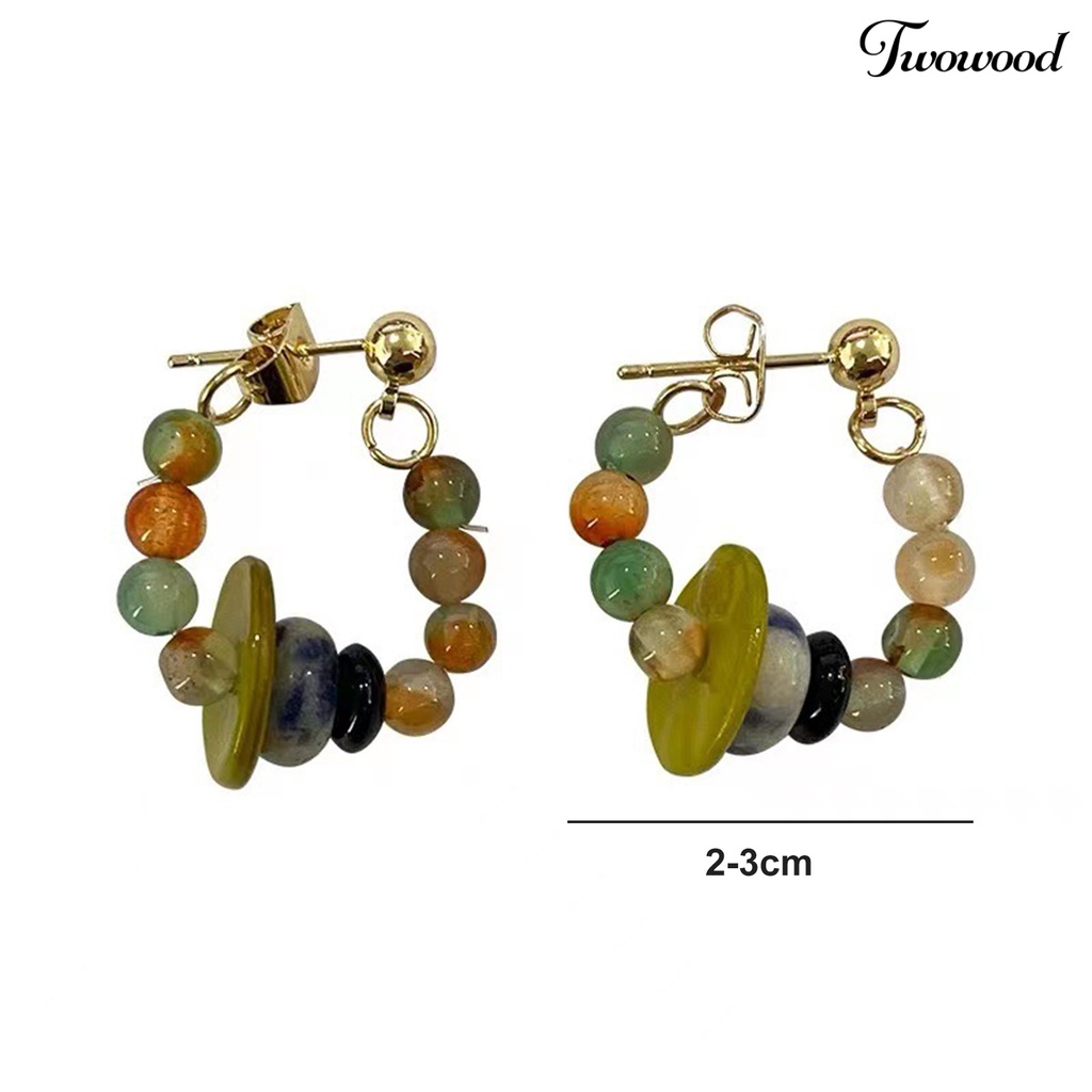 Twowood 1pasang Ear Studs Vintage Gaya Etnik Manik-Manik Berwarna Electroplating Glossy Dress Up Hypoallergenic Alloy Hoop Stud Menjuntai Anting Fashion Perhiasan