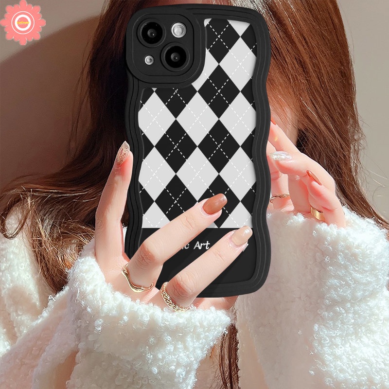 Casing Ponsel Galeri Seni Romantis Kompatibel Untuk IPhone 7Plus 11 12 13 14 Pro Max7 6s 14 8 6 Plus XR X XS Max SE 2020 Retro Checkerboard Bunga Tepi Bergelombang Lembut Tpu Penutup Belakang