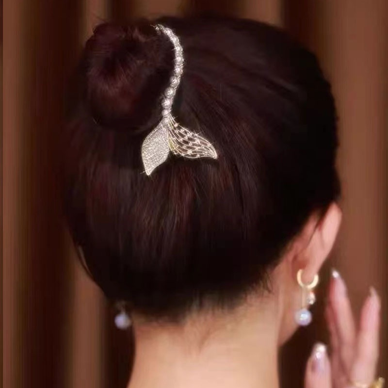 [Unggulan] Ponytail Hair Claws Hairpin Fishtail Pearl Rhinestone Bun Head Grab Clip Back Head Aksesoris Rambut Hias Temperamen Gesper Klip Hiasan Kepala Perempuan Panci Rambut Artefak