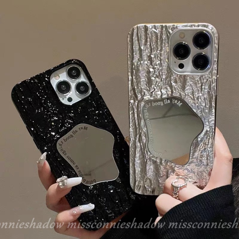 Case Cermin Make Up Kreatif Kompatibel Untuk IPhone 8Plus 11 13 14 12 Pro MAX XR 7Plus X XS Max7 6 6S 8Plus SE 2020 Mewah Electroplate Plating Kerut Lembut Ins Fashion Cover