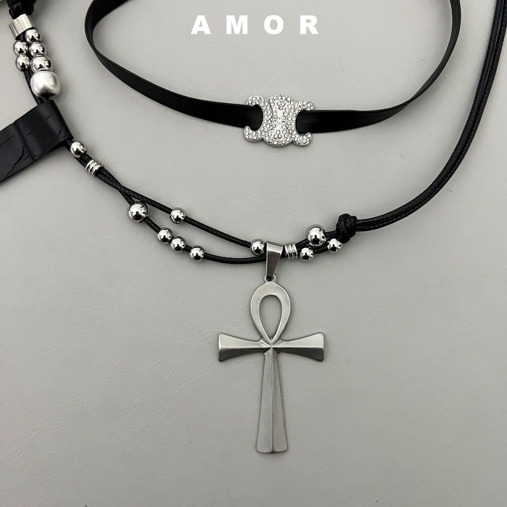 Kalung Tali Kulit ins cross Two piece set