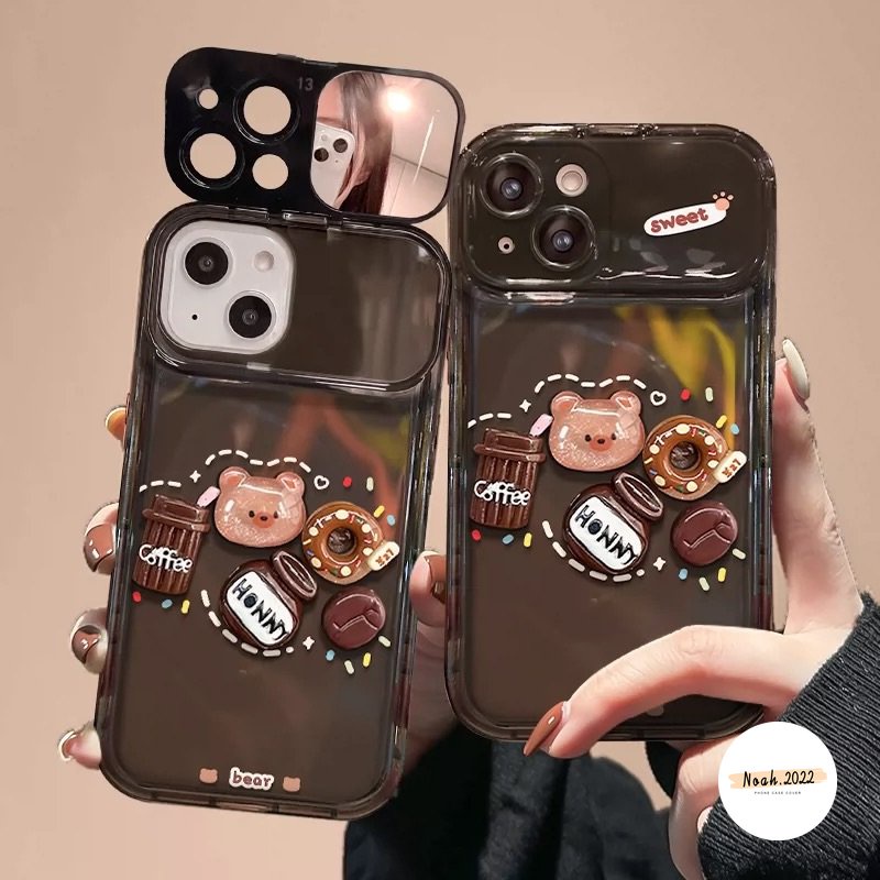 IPHONE 3d Kartun Lucu Mainan Bear Case Kompatibel Untuk Iphone11 12 13 14 Pro Max7 8 14 Plus XR X XS MAX SE Kreatif Flip Make Up Cermin Kopi Donat Silicon Shockproof Soft Case