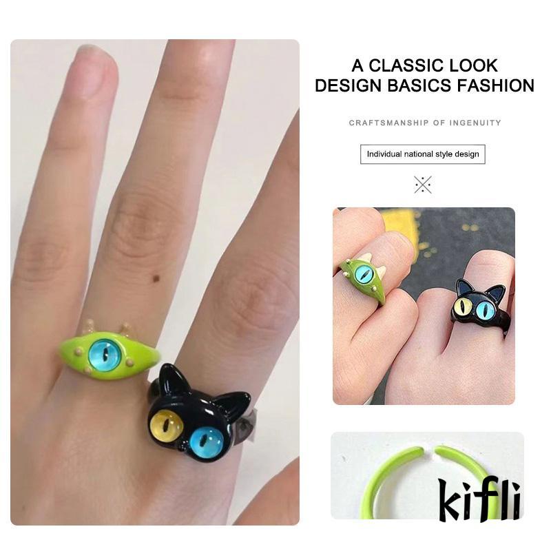 [KD] Cincin Pasangan Pacar Mata Besar Manis Keren Kartun Indah Lucu Kucing Hitam Cincin Monster Kecil