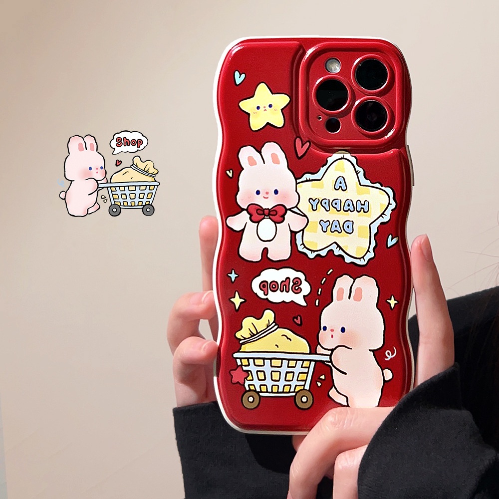 IPHONE Kartun Belanja Bunny Kelinci Anggur Merah Berbentuk Gelombang Perlindungan Penuh Casing Ponsel Cover Untuk Iphone11 12 13 14 PLUS PRO MAX