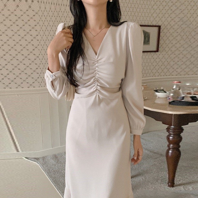 AIMEI Korea chic elegant V-neck pleated waist bubble sleeve long dresses women