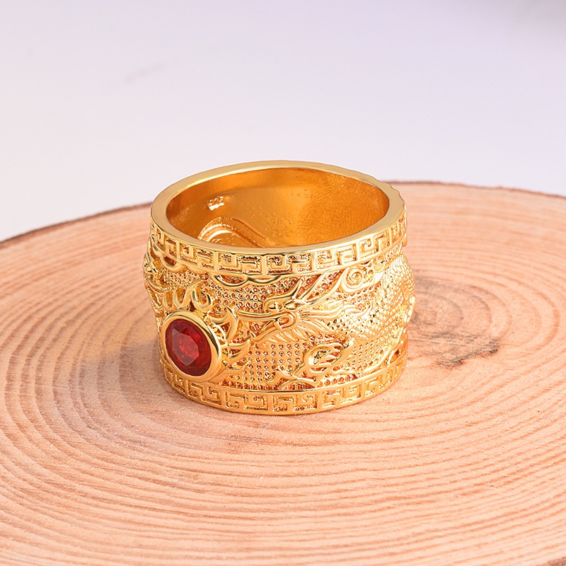 Goldkingdom Aksesoris Perhiasan Fashion Ready Stock Cincin Naga Lapis Emas Double Dragon Play Mutiara Ruby