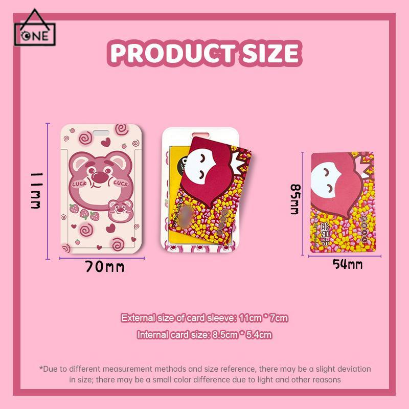 COD❤️Strawberry Bear Slid Cover Plastik Kartun Set Kartu Mahasiswa Kampus Kartu Tali Panjang Pelindung-A.one