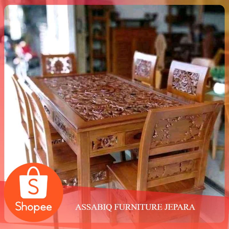 Meja makan ukir Karawang / meja makan jati ukir Jepara / furniture Jepara assabiq furniture