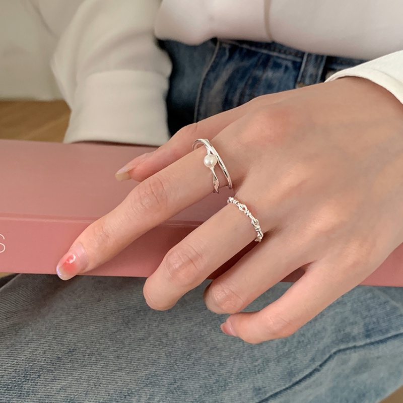 Papaozhu Chic s925 Perak Geometris Silang Cincin Mutiara Untuk Wanita Gadis Halus Berongga Simpul Jari Rings Adjustable Trendi Perhiasan Hadiah