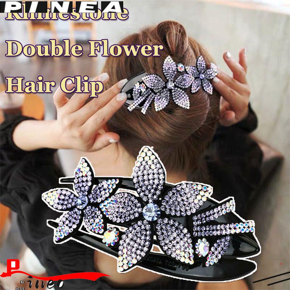 Korean Hair Clip Rhinestone Accent Double Flower Hairpin For Women