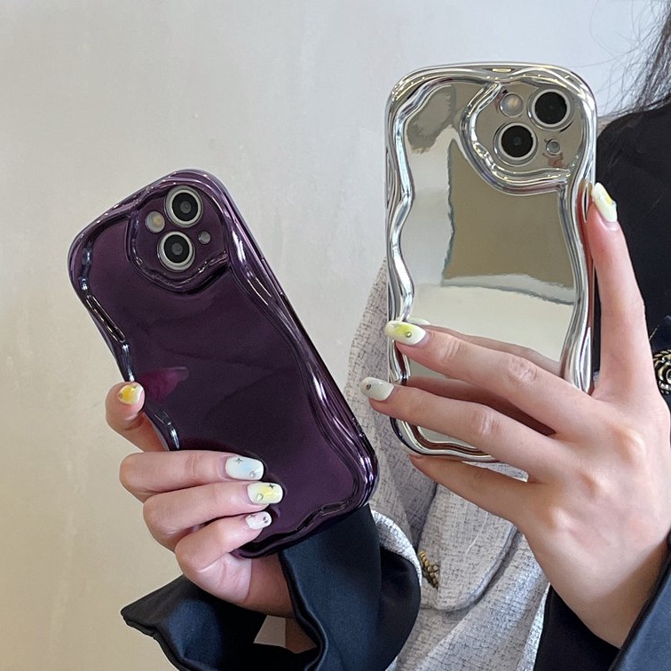 【Cream Wave】Pretty Mirror Silver Electroplate Phone Case for IPhone 11 13 12 14 PRO Max Make Up Phone Case for Women Girl