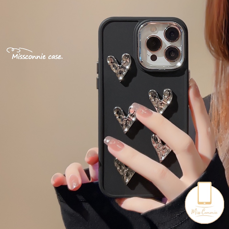 IPHONE 3d Cinta Hati Mewah Plating Square Case Kompatibel Untuk Iphone11 13 14 12 Pro MAX XR X 7Plus 8Plus XS MAX Macaron Warna Permen Sederhana Warna Solid Lembut Ponsel Cover