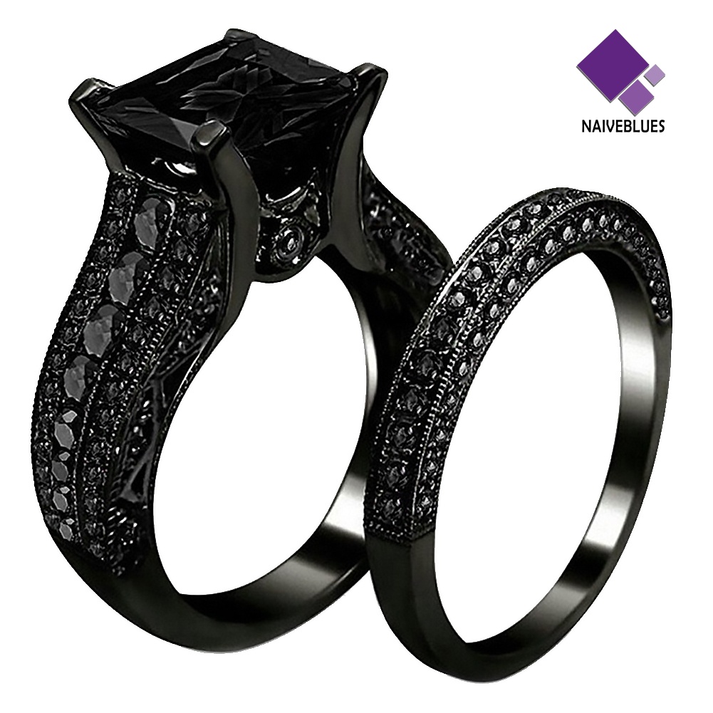 &lt; Naiveblues &gt; 2Pcs/Set Wanita Persegi Cubic Zirconia Finger Ring Tunangan Pernikahan