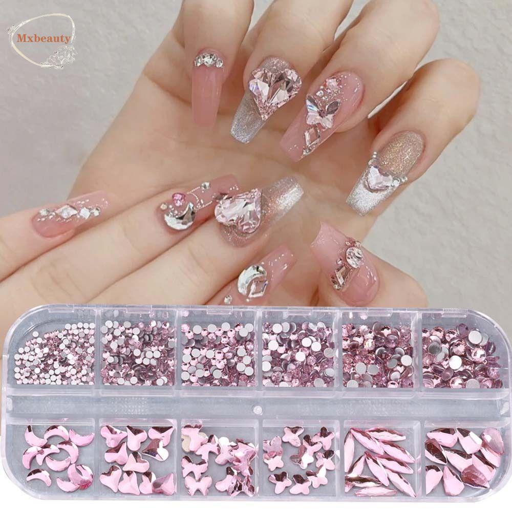 Mxbeauty Aurora Kuku Berlian Imitasi Jepang Nail Art 12Grids Manikur Aksesoris Ukuran Campur Tidak Teratur Bor 3D Nail Art Drills