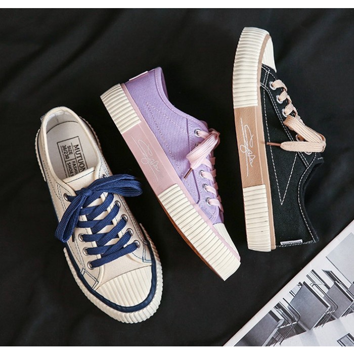 (COD) SH05 Sepatu Kanvas Wanita Gaya Korea Signiture Women Canvas Shoes - purple, 37