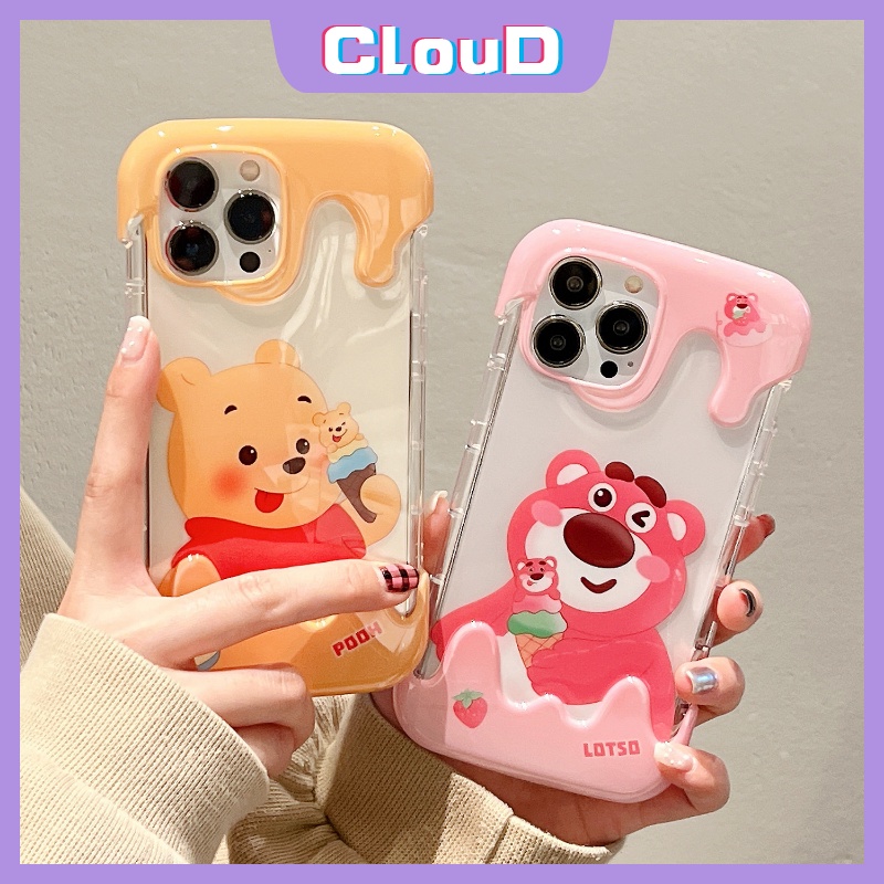 IPHONE Kartun Winnie the Pooh Case Kompatibel Untuk Iphone11 14 13 12 Pro Max XR X7 8 Plus XS Max 7Plus 8Plus SE 2020 3D Ice Cream Beruang Strawberry Lucu Manyo Shockproof Airbag Soft Cover