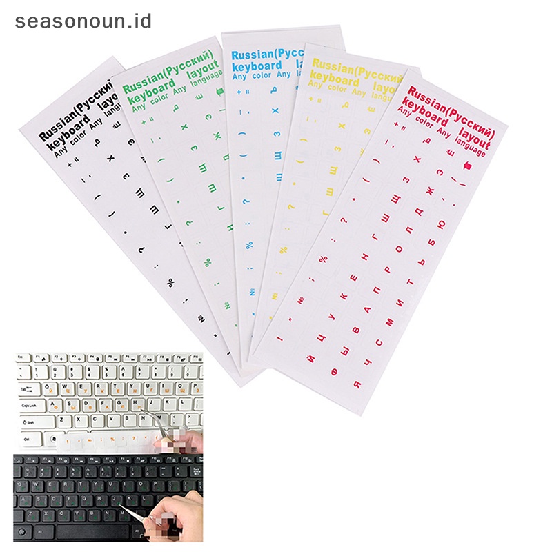 Seasonoun Stiker Keyboard Transparan Rusia Alfabet Bahasa Label Hitam Putih.