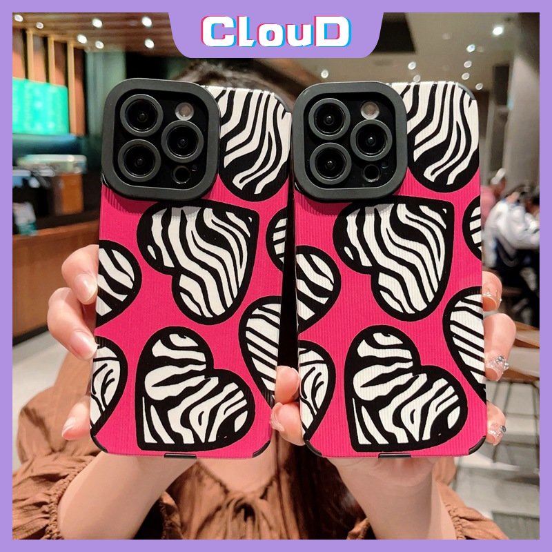 IPHONE Casing Kompatibel Untuk Iphone7 8 Plus XR X14 11 13 12 Pro Max 7Plus XS Max Tekstur Kulit Mewah Shockproof Silikon Lembut Tpu Motif Zebra Cinta Penutup Hati