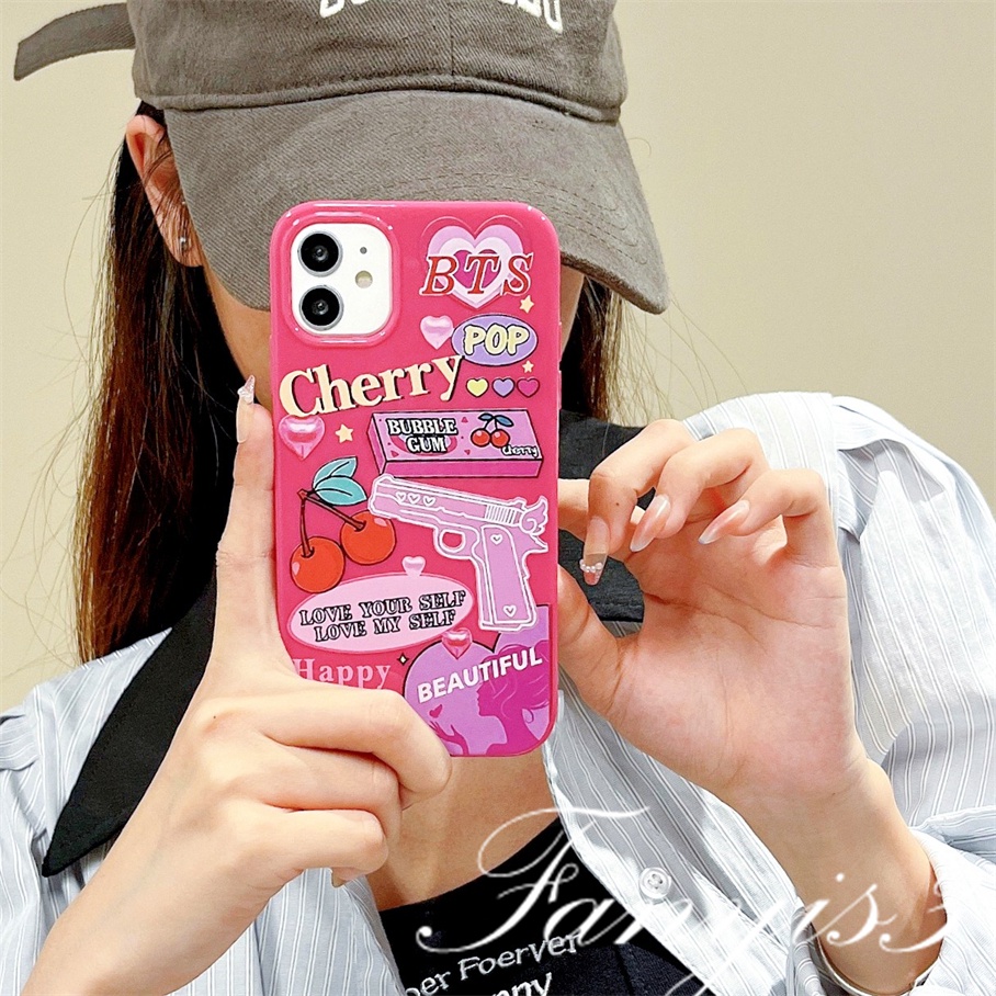 Compatible For iPhone 14 13 12 11 Pro Max X XR Xs Max 8 7 6 6s Plus SE 2020 Kompatibel Untuk Ilustrasi Graffiti Cherry Permukaan Glossy Phone Case TPU Silikon Lembut Cover Pelindung