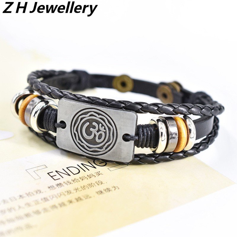 Z H Perhiasan Vintage Hindu AUM Kulit Asli Gelang Pria Dan Wanita Fashion Anti Karat Multilayer Manik-Manik PU Gesper Gelang Punk Pesta Rock Perhiasan Aksesoris