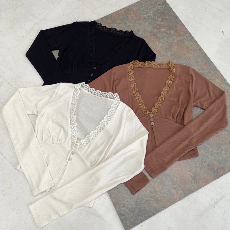 Naura Top - 037 - Baju Lace Wanita Deep V Neck Longsleeve Baju Knit Street Style Edgy