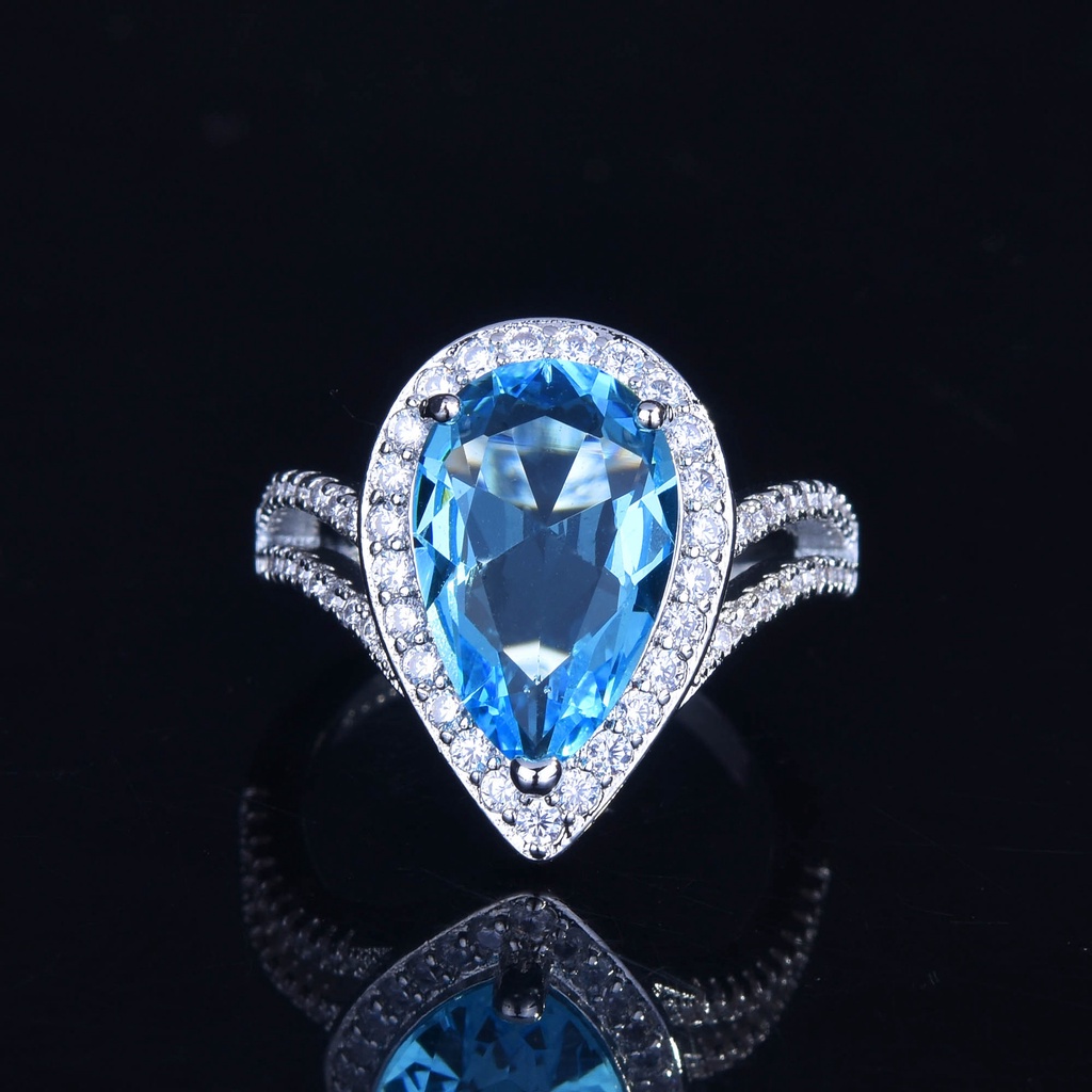 Goldkingdom Aksesoris Perhiasan Fashion Ready Stock Pertunangan Double Drop Pear-Berbentuk Santa Maria Aquamarine Ring