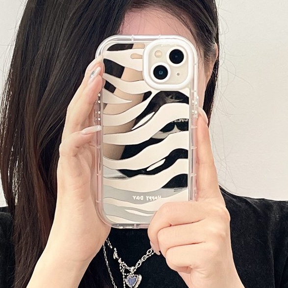 【Ice Cream Mirror】Air Bag Pretty Zebra-stripe Silver Soft Case IPhone 11 12 13 14 Pro Max Women's Gift Cute Phone Case Make Up