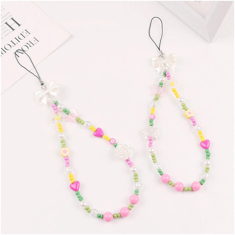 3d Pearlescent Camellia Beads Dengan Rantai Manik-Manik Kayu Universal Pendek Pergelangan Tangan Anti-Hilang Tali Untuk Semua Ponsel Case Bluetooth Earphone TWS Cover DIY