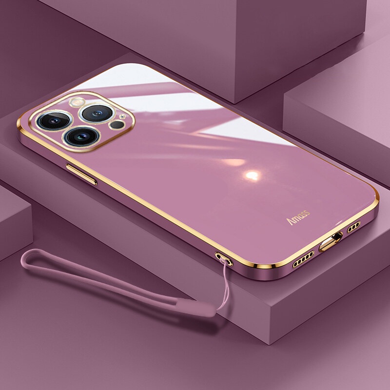Andyh Baru Tepi Lurus Plating Phone case Untuk OPPO A1 A1Pro A17 A17K K3 K5 Mewah Fashion Plating Silikon Ponsel Cover Dengan lanyard Gratis