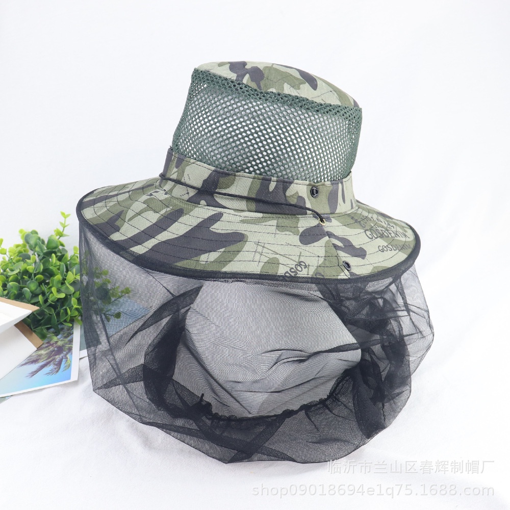 Musim Panas Kamuflase Kerai outdoor Serangga Bukti mesh Masker mesh top Bernapas fisherman hat