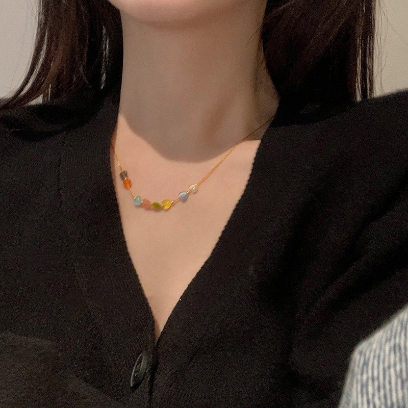 Kalung Liontin Cinta Warna-Warni Gadis Manis All-Match Handmade Gaya Baru Trendi Influencer Rantai Klavikula Kalung Necklace