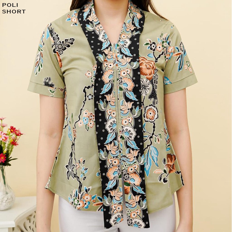 Evercloth Poli Atasan Wanita Blouse Batik Wanita Lengan Panjang