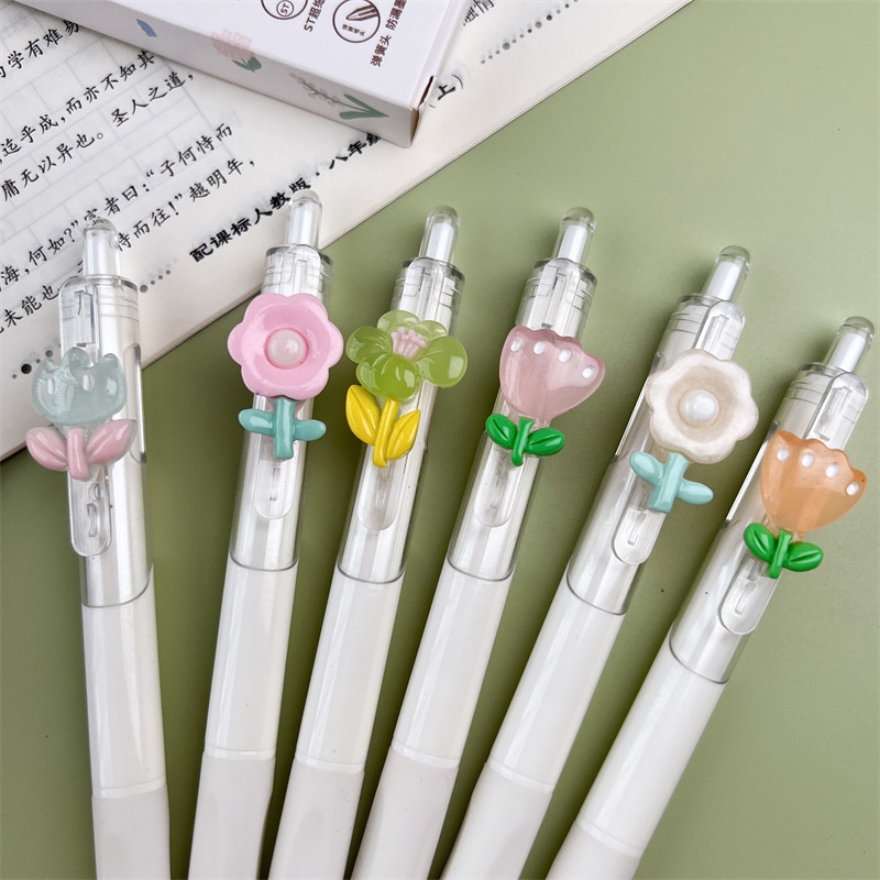 [Random 1pc] 0.5mm INS Style Flower Black Ink Press Gel Pen/Pena Netral Halus Cepat Kering/Alat Tulis Kantor Sekolah Lucu/Kreatif Kartun Tulis Halus Signature Pen