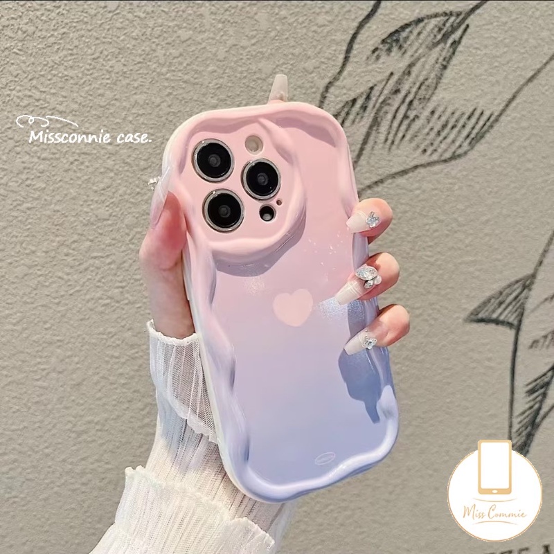 IPHONE Case Warna Permen Macaron Sederhana Kompatibel Untuk Iphone11 Pro Max 7Plus XR 14 13 12 Pro Max 6 6s 7 8 Plus X XS Max SE 2020 Gradiasi Cinta Hati 3D Tepi Bergelombang Melengkung Lembut Tpu Cover