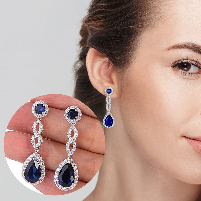 Temperamen Biru Cubic Zirconia Anting Gantung Panjang Untuk Wanita Mewah Elegan Pengantin Wanita Pesta Pernikahan Anting Perhiasan Baru