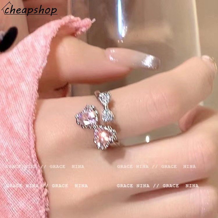 Ifyou Sweet Pink Zircon Adjustable Opening Ring Cincin Kristal Busur Perak Untuk Aksesoris Perhiasan Wanita