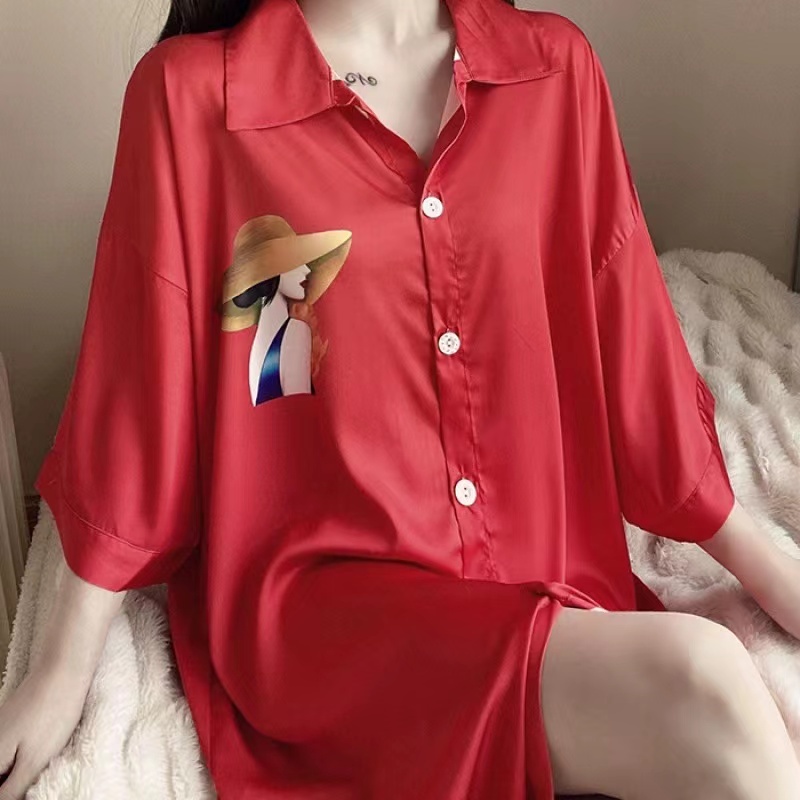 2023 Piyama Wanita Longgar Baru/Nightdress Thin/Leisure Mid -Length Home Service