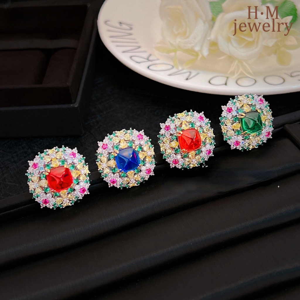 Kelompok Mewah Bertatahkan Gula Zamrud Alami Menara Cincin Retro Fanta Berlian Perhiasan