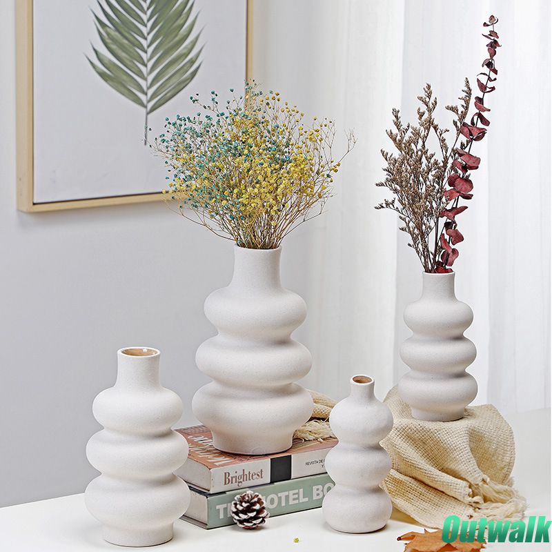 Vase Gaya Nordic Vas Keramik Putih Vas Modern Dekorasi Rumah Pot Bunga Lingkaran Keramik Karangan Bunga Wadah Hiasan Seni Desktop