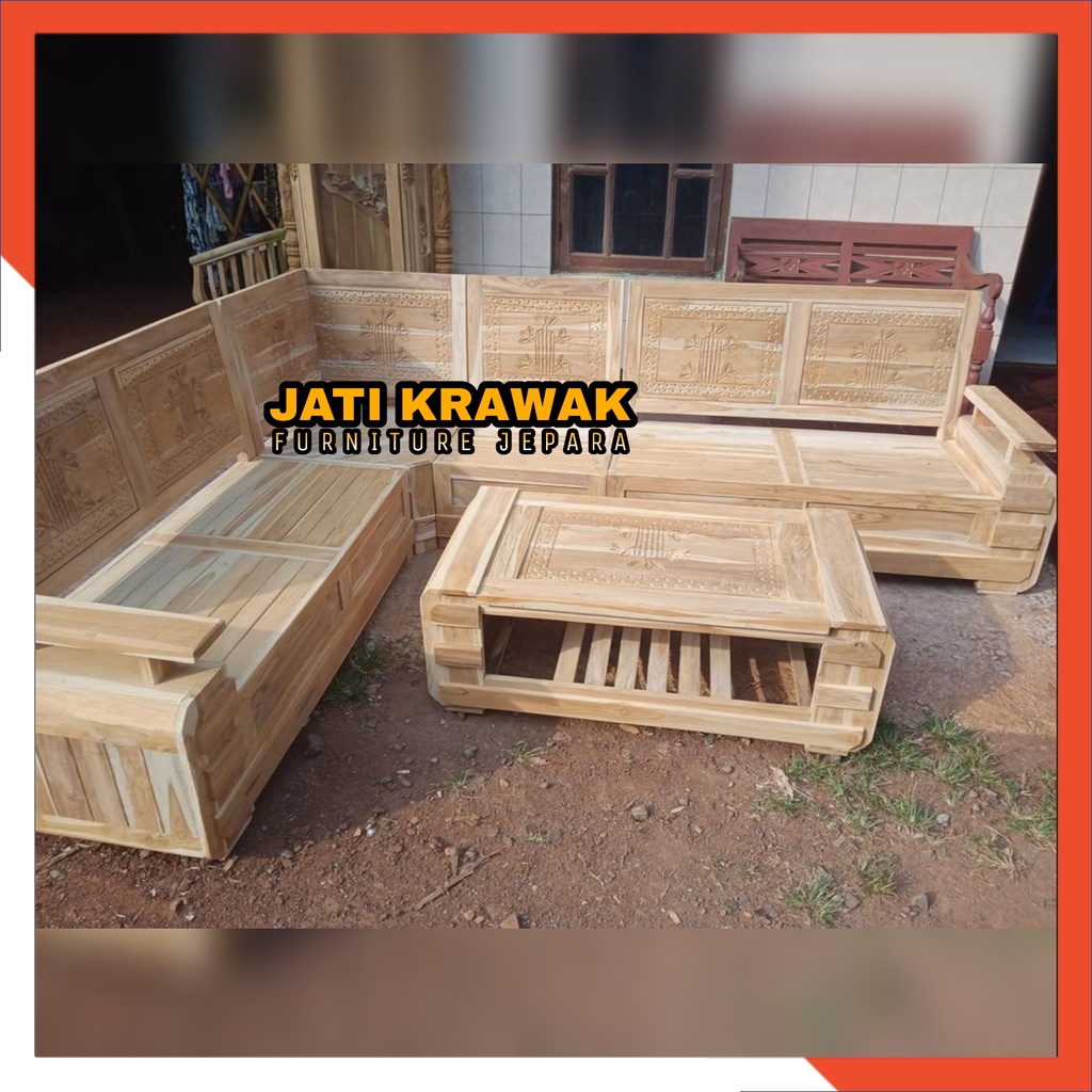 Set kursi ruang tamu sudut jati domini ukiran bambu