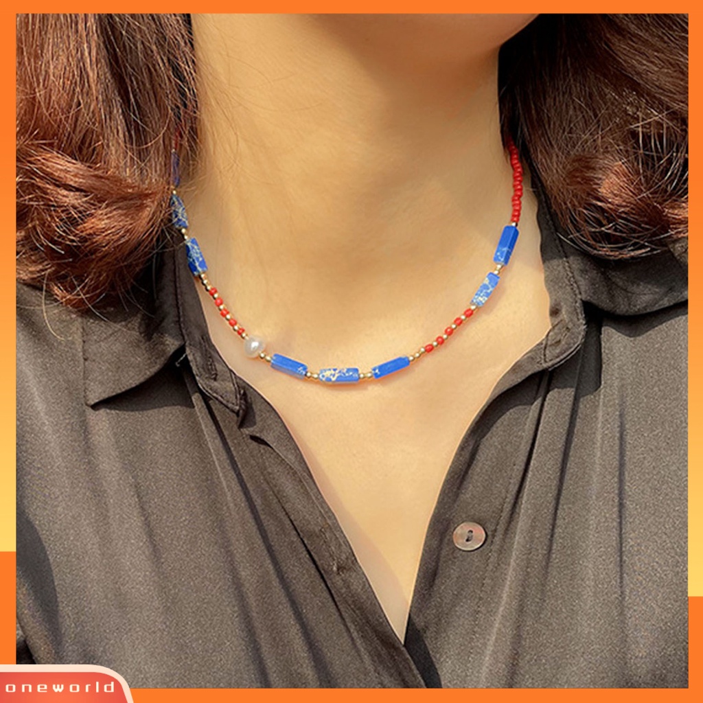 [ONE] Kalung Choker Manik-Manik Biru Perhiasan Batu Imitasi Bohemian Rantai Klavikula Ringan Untuk Pakaian Sehari-Hari