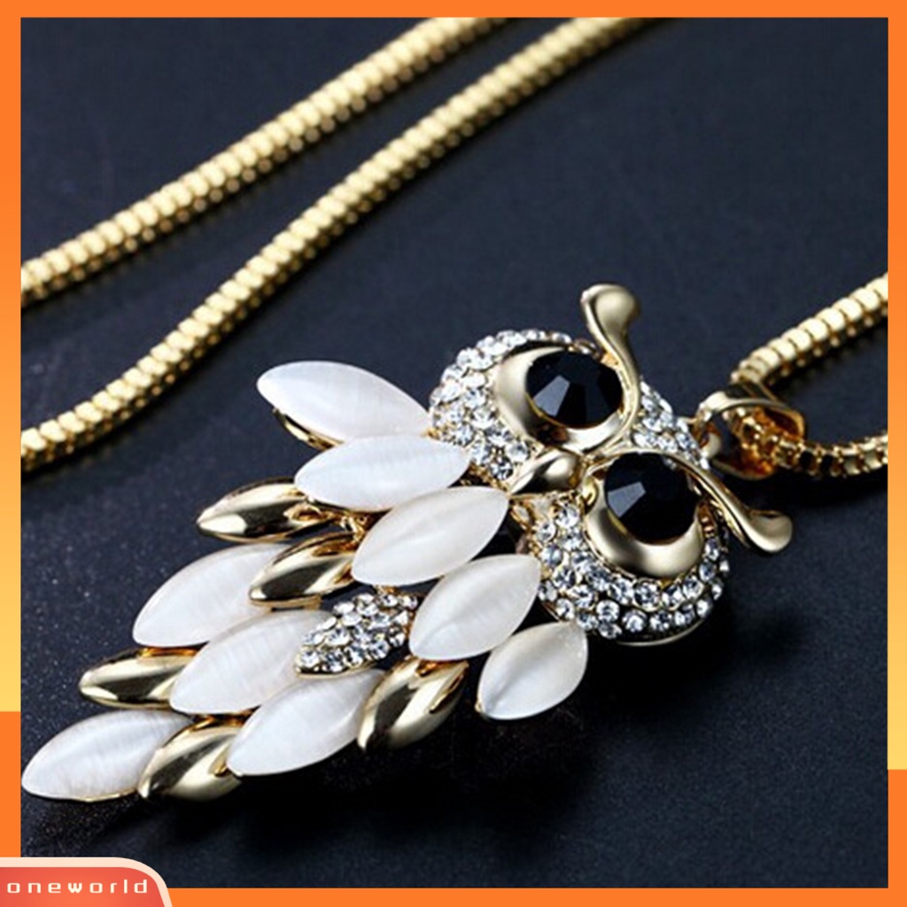 [ONE] Wanita Kalung Indah Berlian Imitasi Burung Hantu Liontin Vintage Leher Rantai Panjang Sweater Kalung Aksesoris Fashion Perhiasan