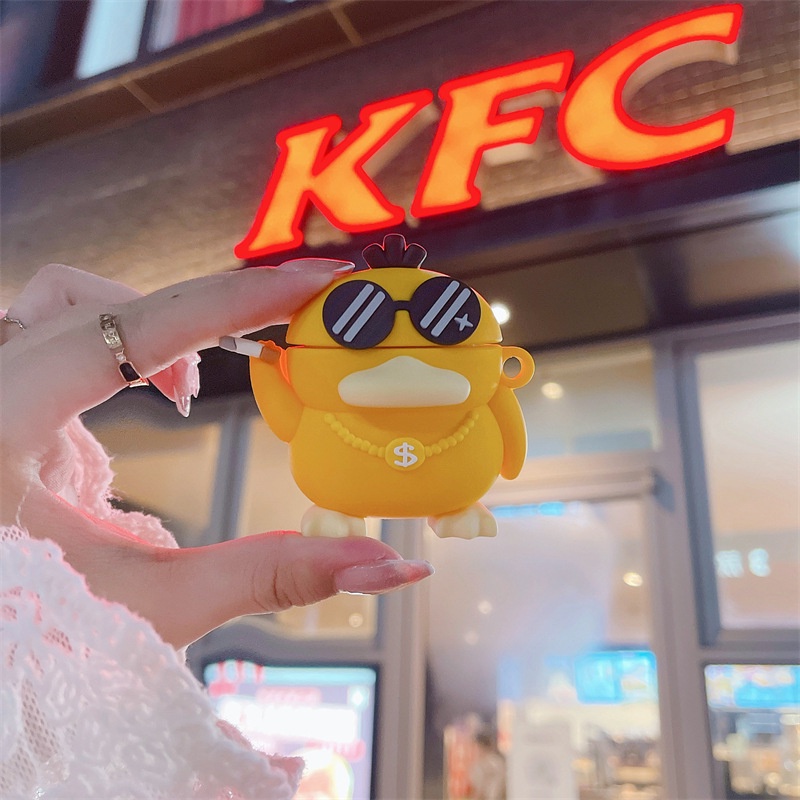 Psyduck Kartun Hip Hop 3D Dengan Rantai Emas Bluetooth Earphone Case Cover Untuk Airpods1 2 3 Pro i12 i10 i13 i9s inpods 12 13 Airpods3 Shockproof Waterproof TWS Protector