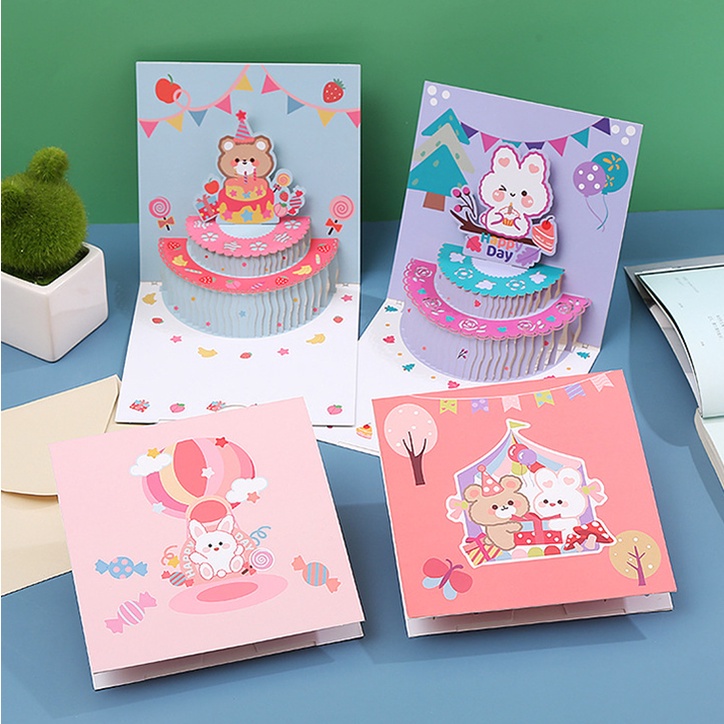 3d Happy Birthday Card Pop Up Greeting Kartu Lucu Kue Ulang Tahun Postcards Hadiah Liburan Dengan Amplop